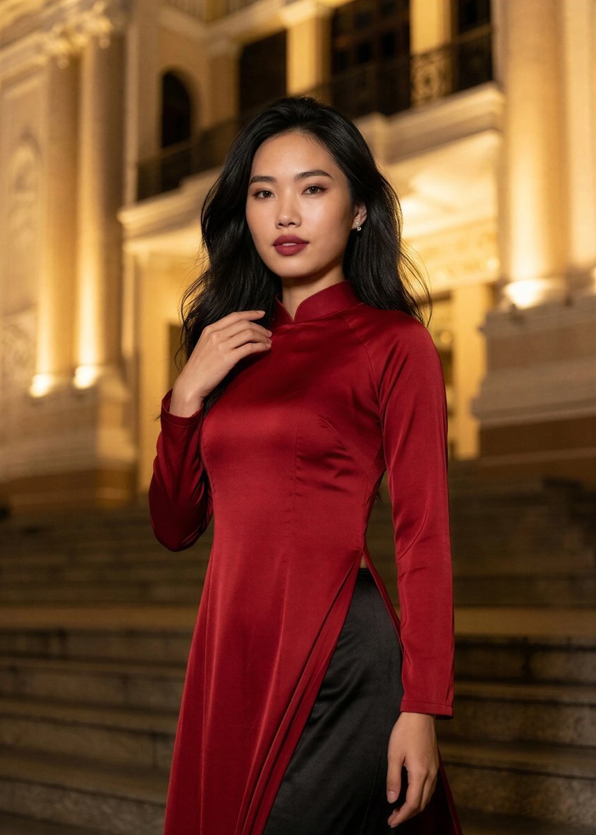 Mai in a red silk áo dài on the steps of the Saigon Opera House