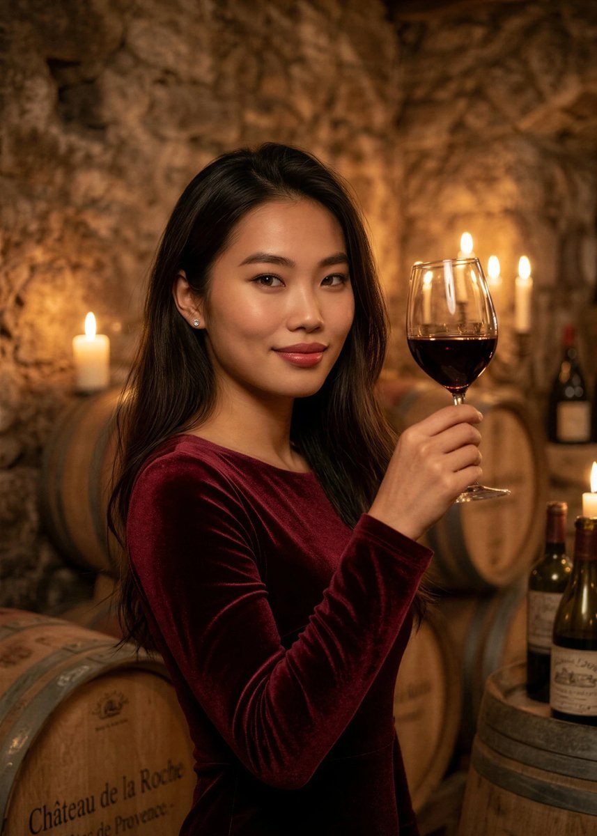 Mai in burgundy velvet holding a glass of red wine in a candlelit cellar