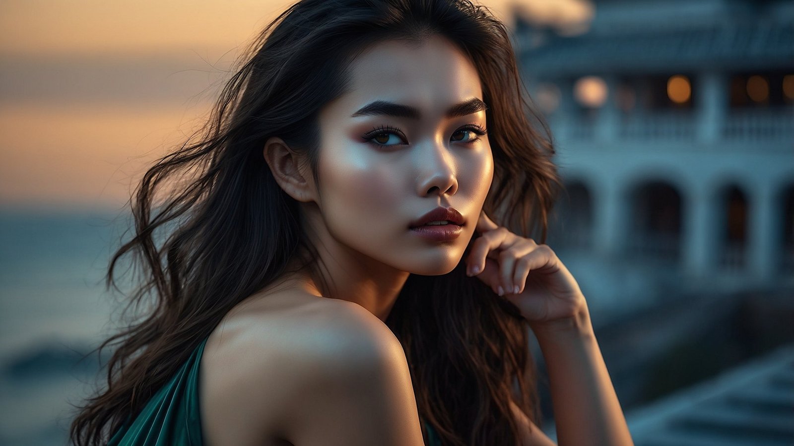 Mai Nguyen-Dubois at sunset, a Mediterranean villa behind her
